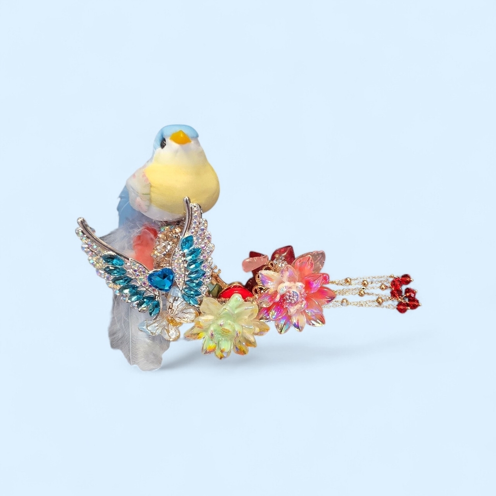Decorative Blue & Yellow Super Moon Bead with Crystal Wings and Floral Accents
